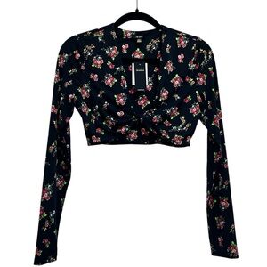 NWT AFRM Nico Noir Rose Garden Twist Front Deep V-neck Crop Top Los Angeles Sz M
